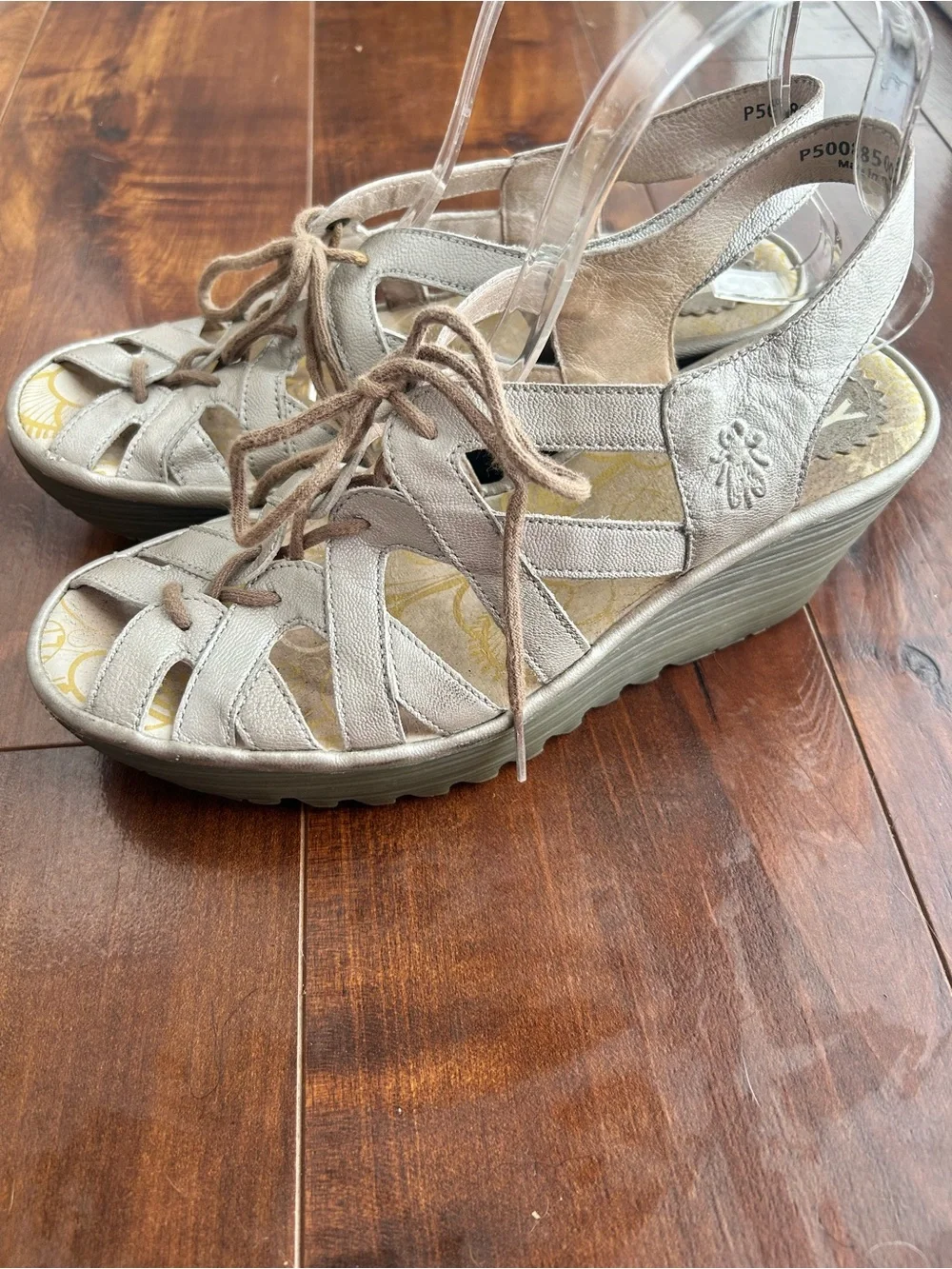 FLY London Women's Yapi Silver Leather Lace-Up Sandals